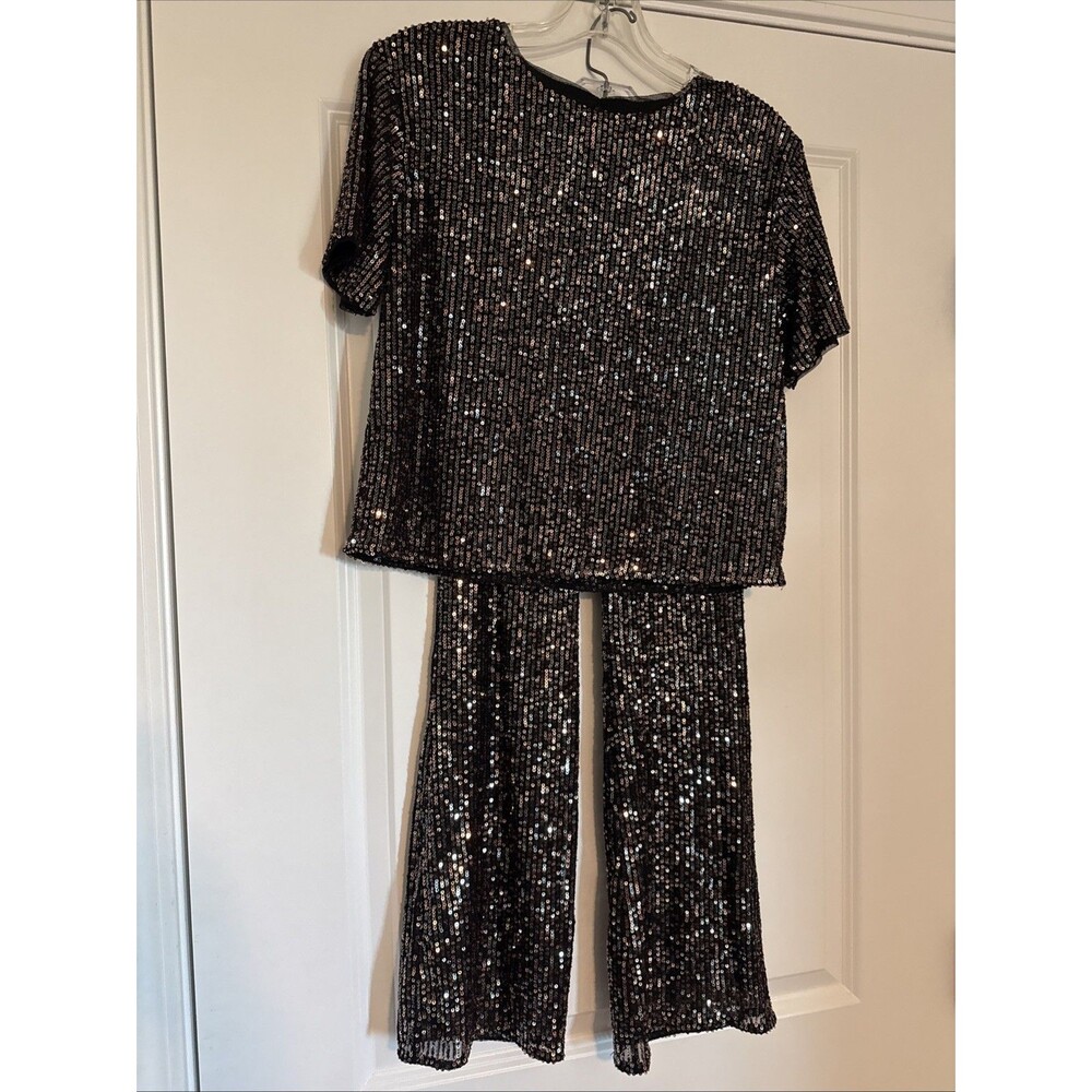 Cat & Jack Black Gold Sequin 2pc Pants Top GIRLS LARGE 10/12 Dance Party Holiday
